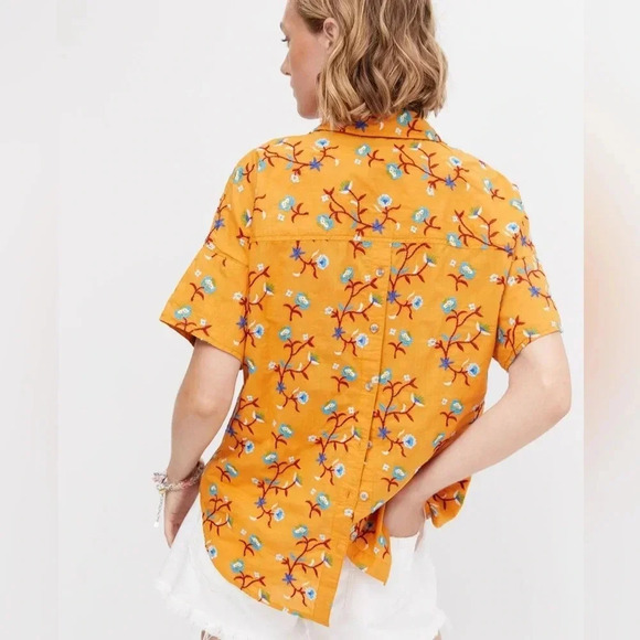 NWT new XS Anthropologie pilcro embroidered surf button down top floral gold - Picture 6 of 17